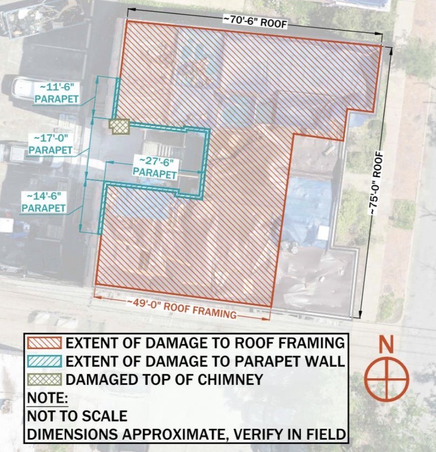 Aerial damage-scope diagram of a roof framing and parapet repair project by Amigo